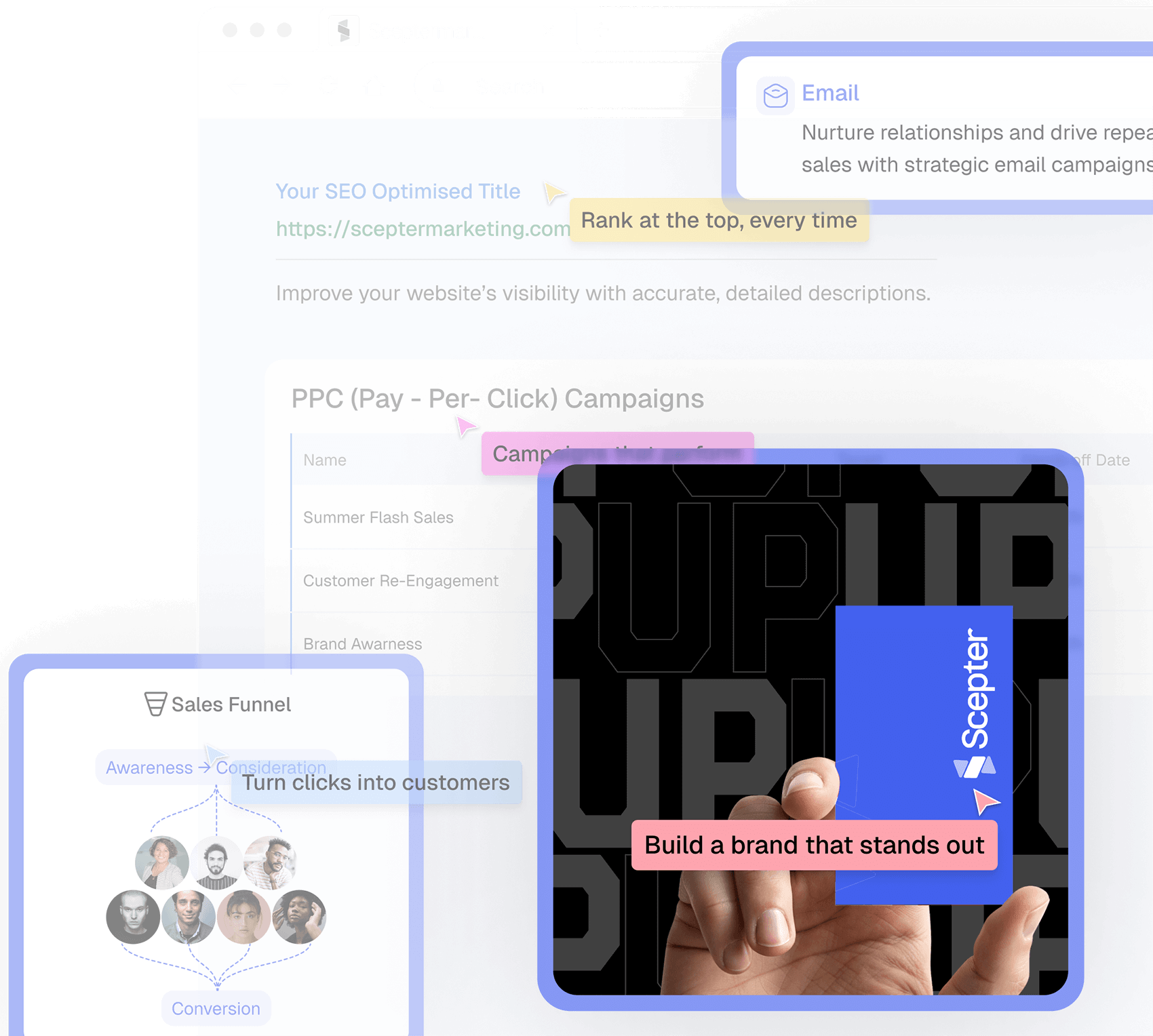 Branding tile with bold UP type and a hand reaching upward, layered over a marketing dashboard browser view.