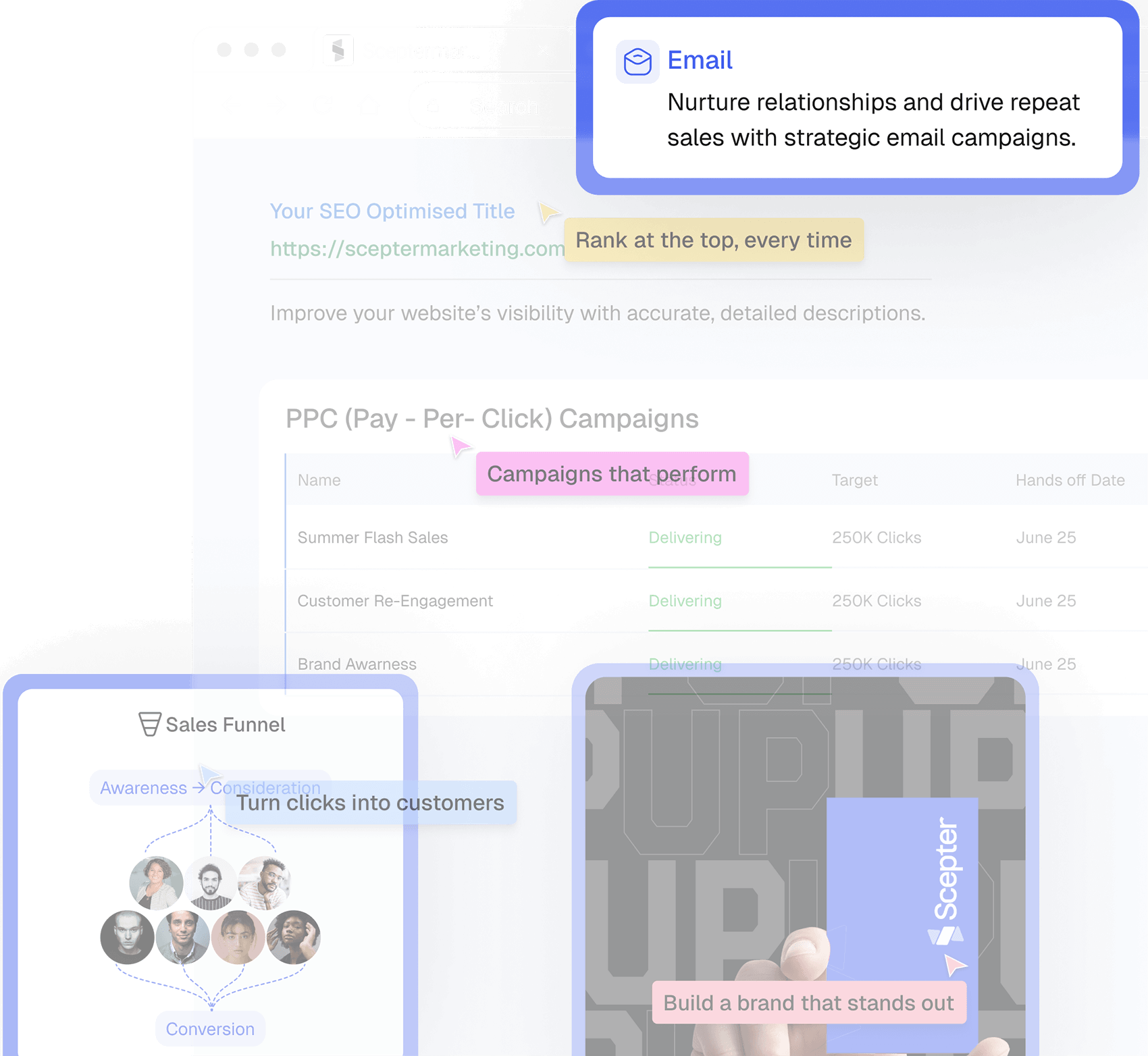 Email marketing callout above a PPC campaigns dashboard, sales funnel diagram, and branding tile.