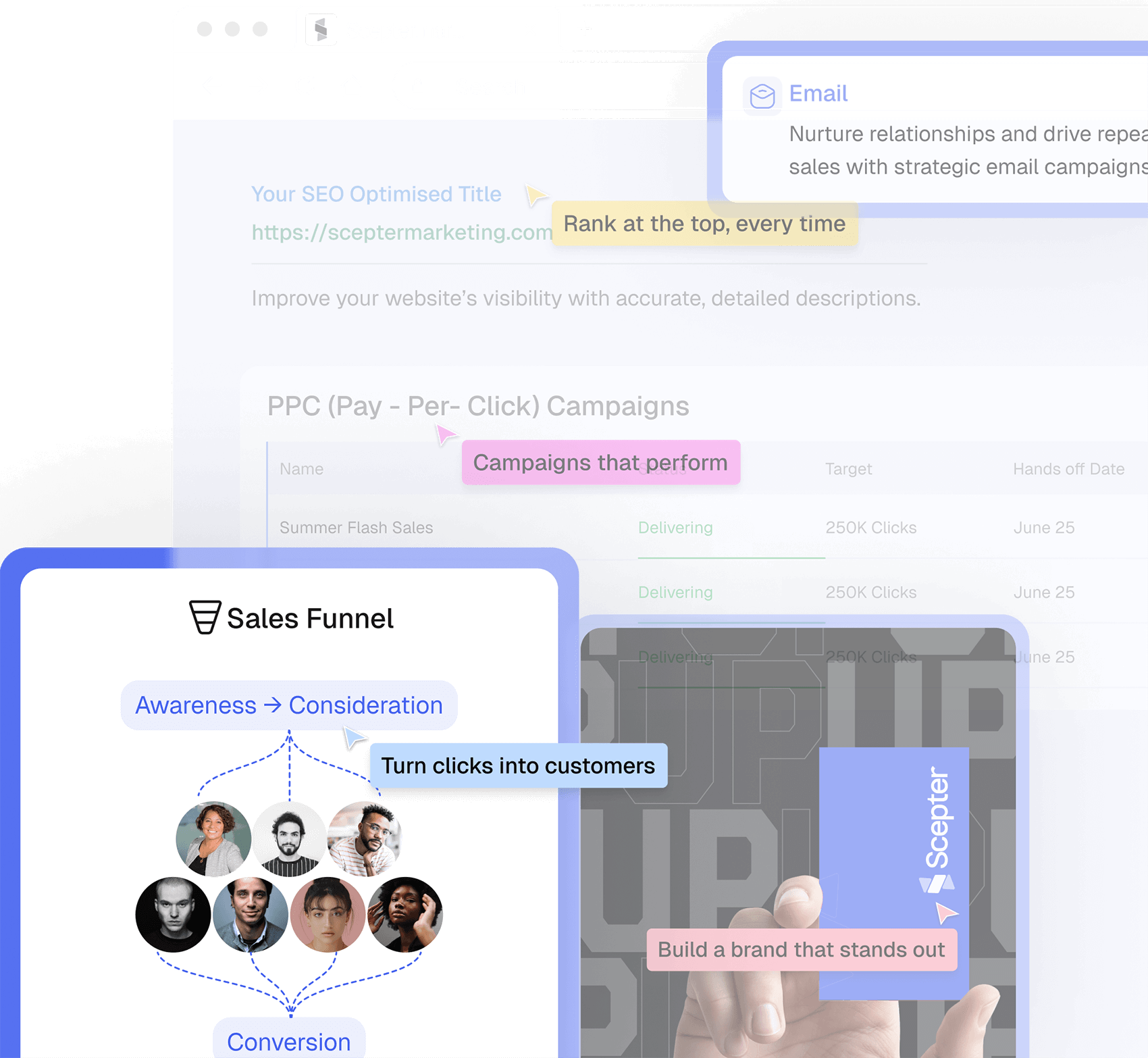 Sales funnel diagram showing awareness to conversion stages with customer avatars beside a branding tile.