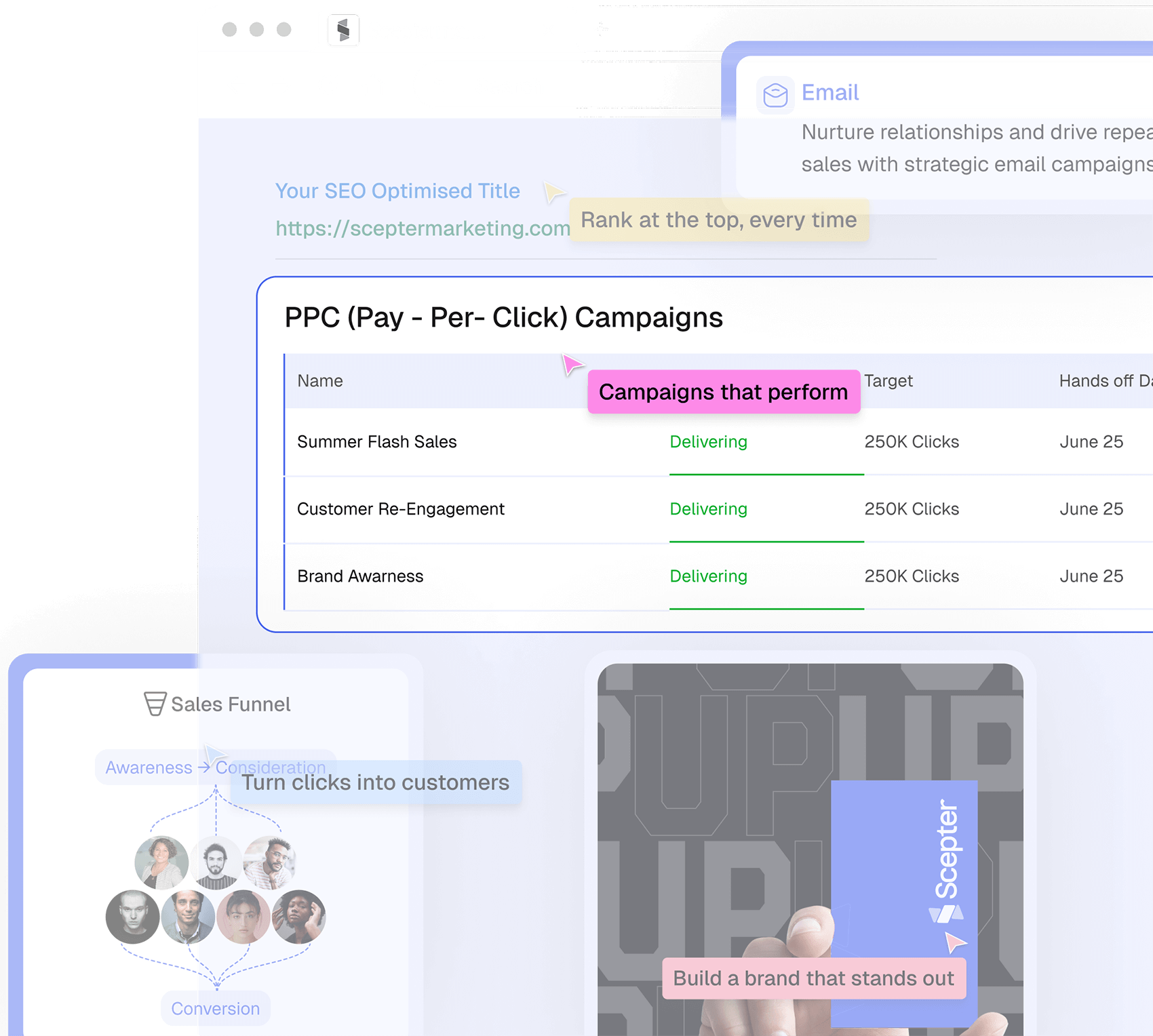PPC campaigns dashboard listing Summer Flash Sales, Customer Re-Engagement, and Brand Awareness as delivering campaigns.