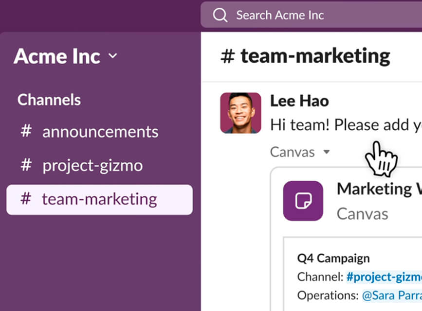 Team chat app showing marketing channels and a message from a teammate