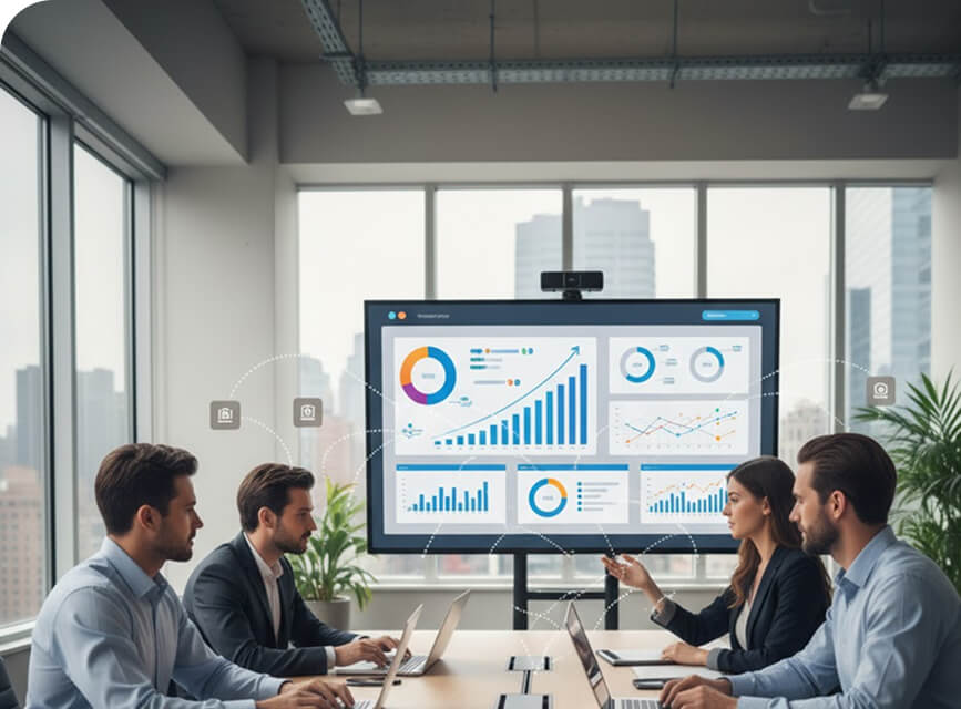 Team in a meeting room reviewing growth charts on a large dashboard screen