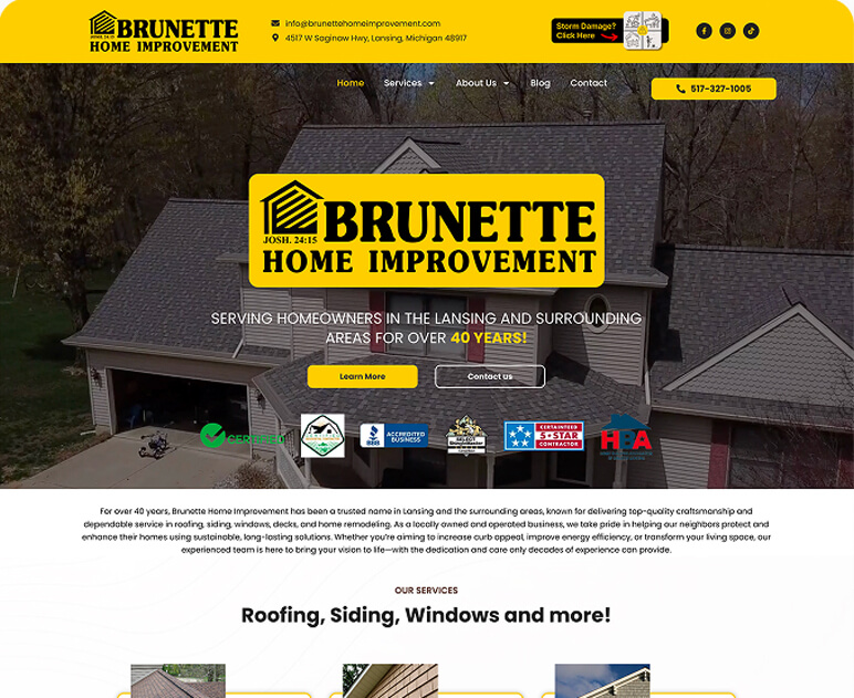 Brunette Home Improvement homepage hero showing a roofed house and 40 years tagline.