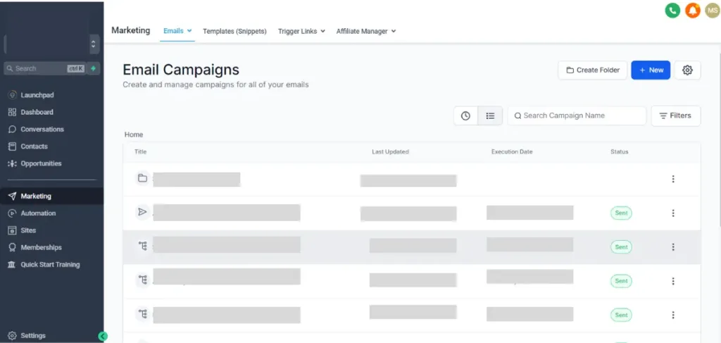 GoHighLevel Email Campaign page